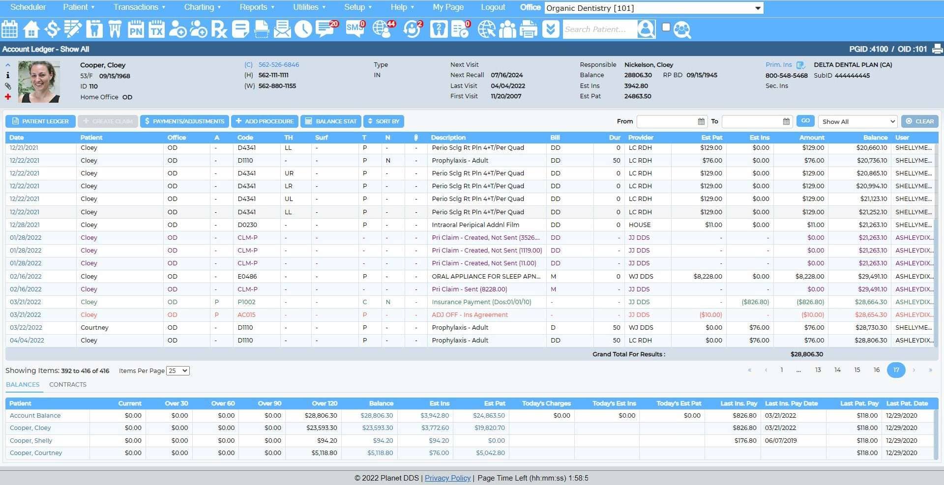 Screenshot of Patient Ledger in Denticon