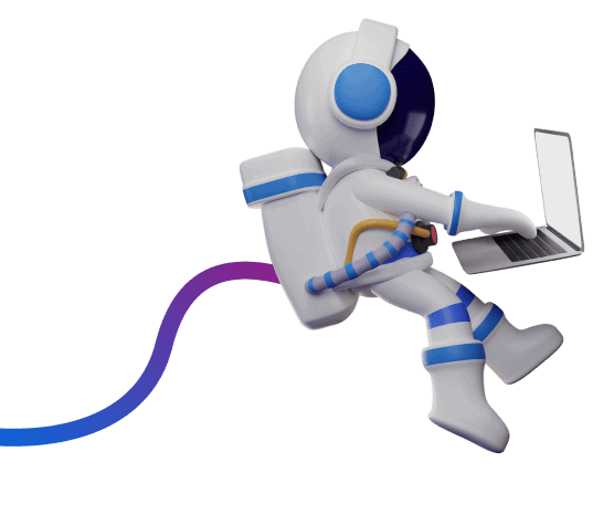 A tethered astronaut working on a laptop