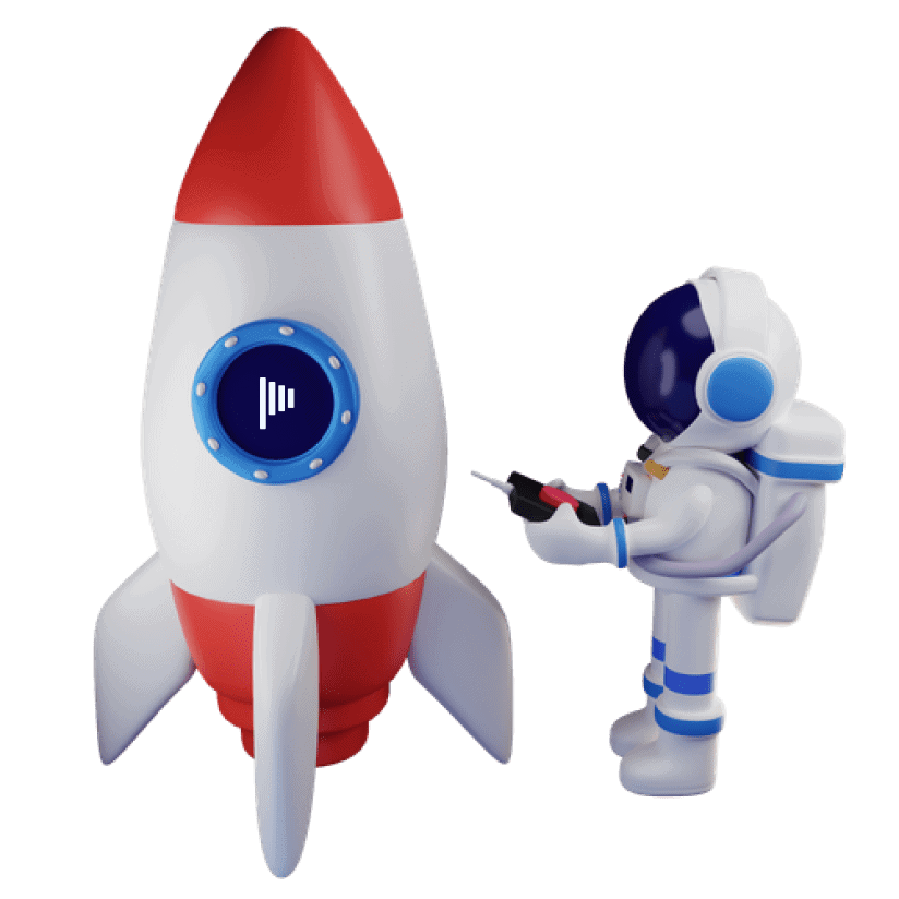 An astronaut in front of a rocket, holding a remote control