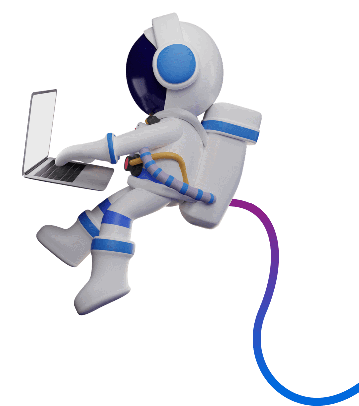 A floating astronaut working on a laptop