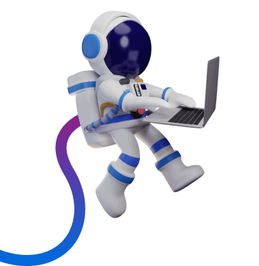 A tethered astronaut working on a laptop